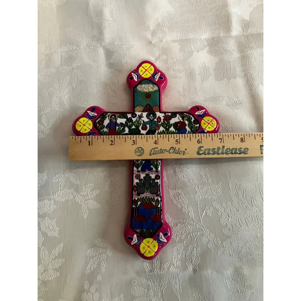 J Ascencion P Guerrero Mexico Ceramic Folk Art Cross Hand Painted Farmers